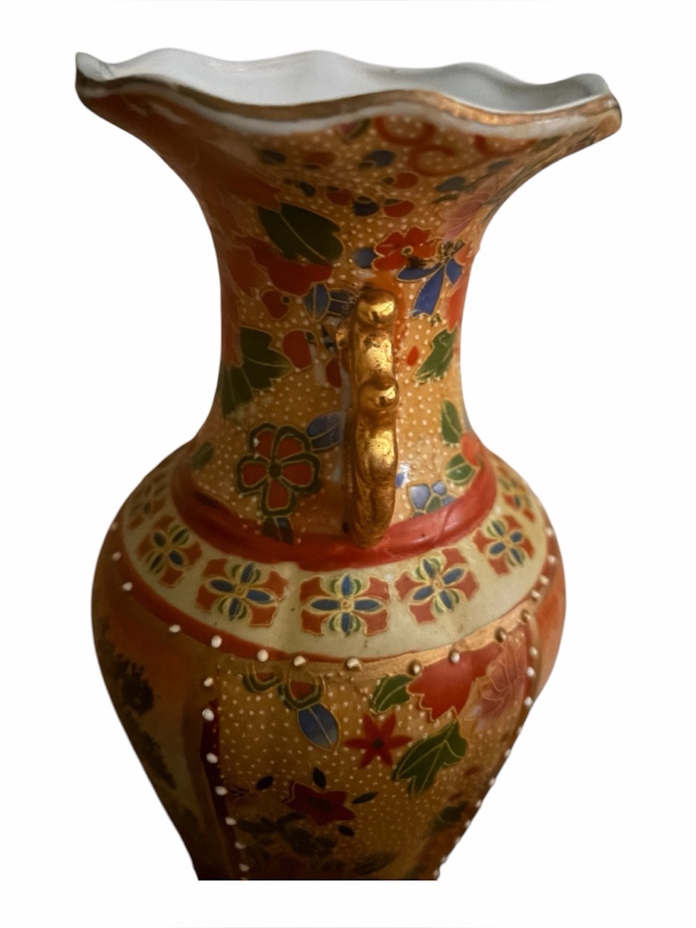 Vintage Satsuma style Floral Gold-Accent Porcelain Vase ornate- Orange & Whi
